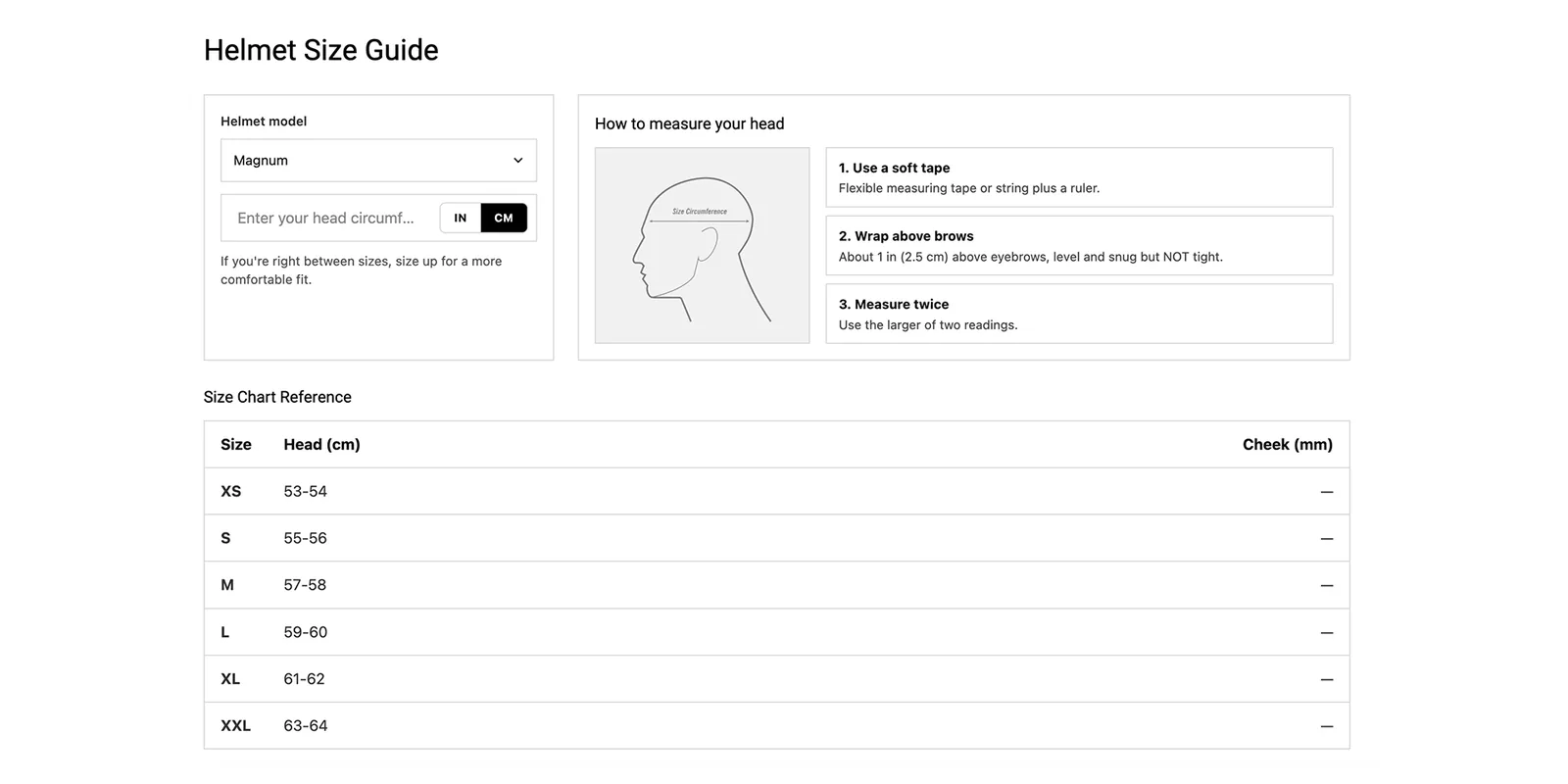 Redesigned size guide with size finder, measuring instructions and reference table