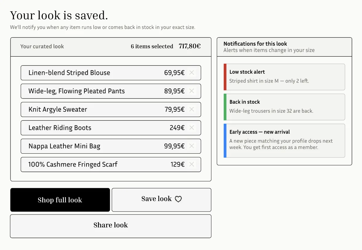 Saved look summary with item list, actions and stock notifications