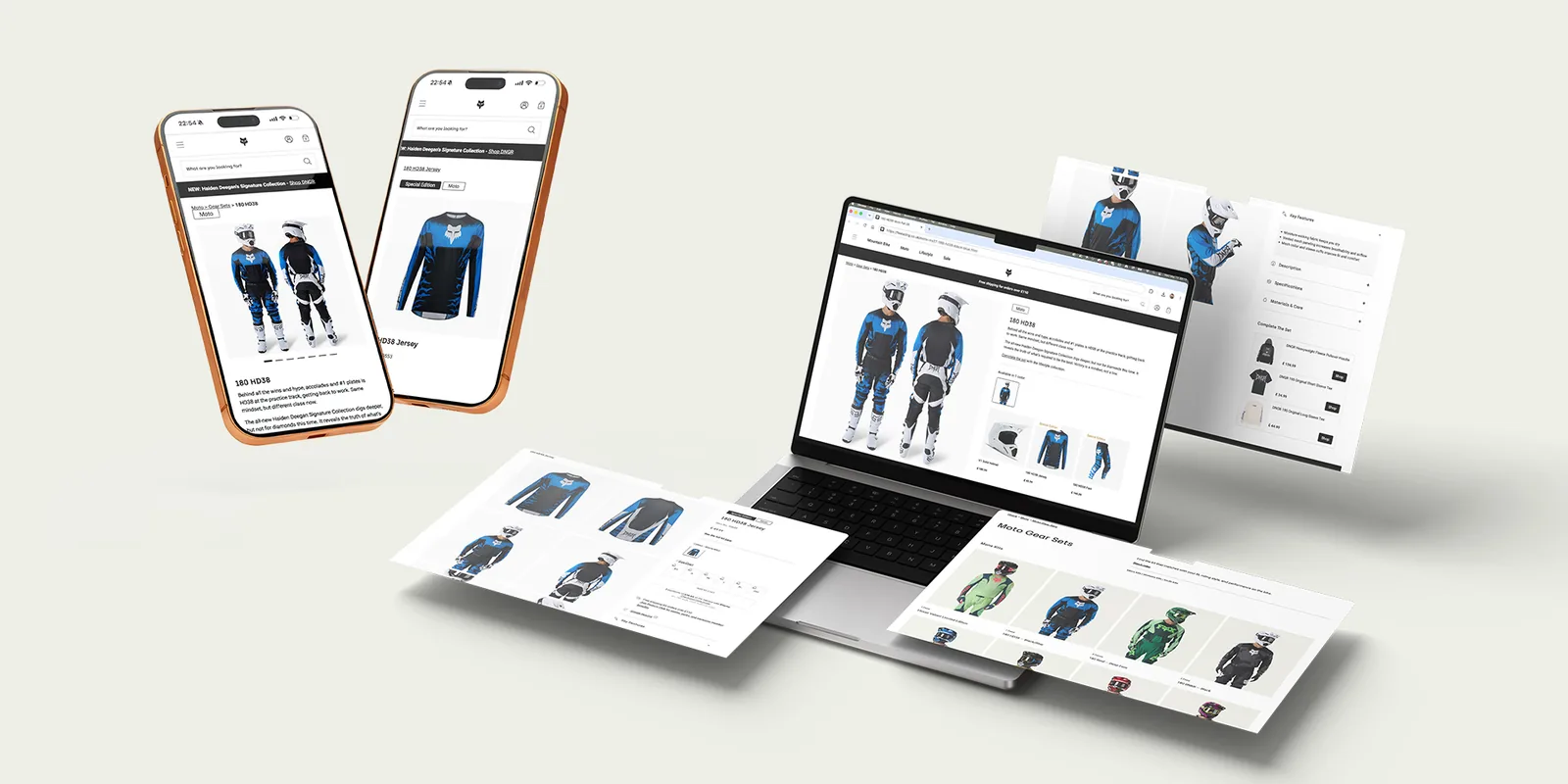 Fox Racing gear set experience shown on phones, laptop and page screenshots