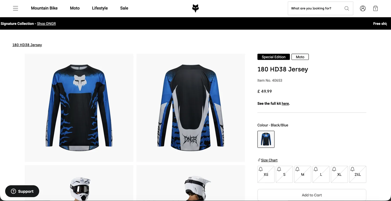 Top of the 180 HD38 Jersey PDP with the See the full kit here link under the price