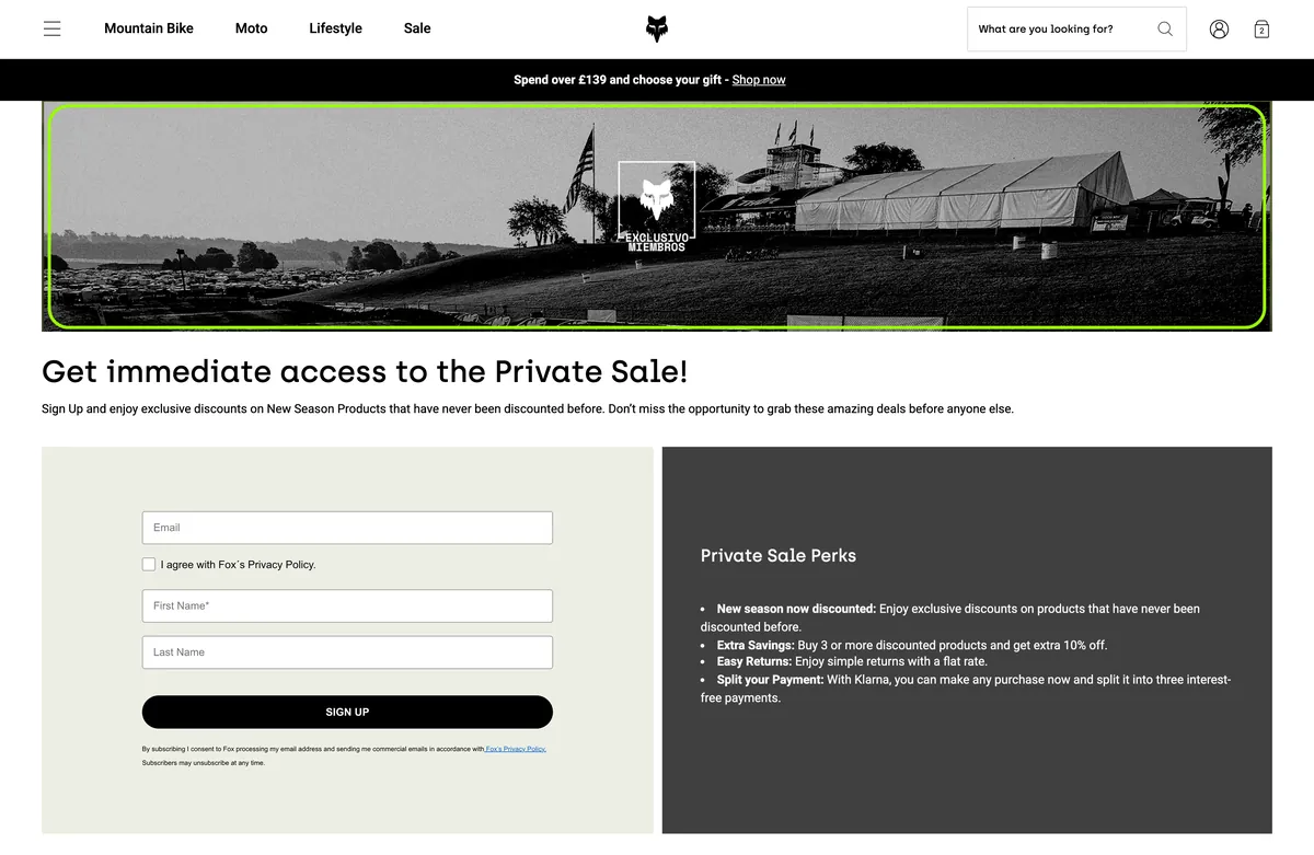 Private Sale sign-up form page with the perks list