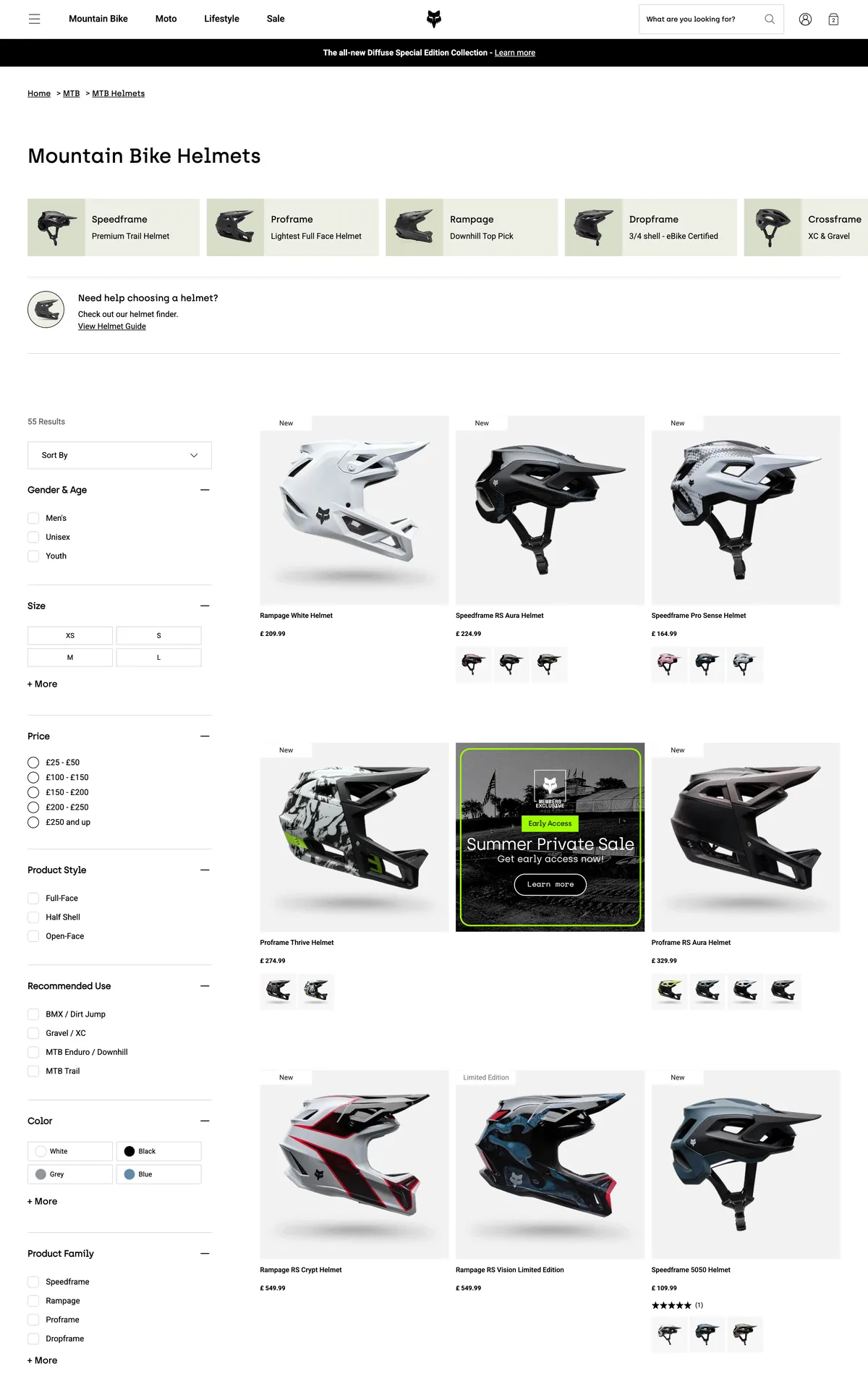 Fox Racing helmet listing page with the promotional tile in the grid