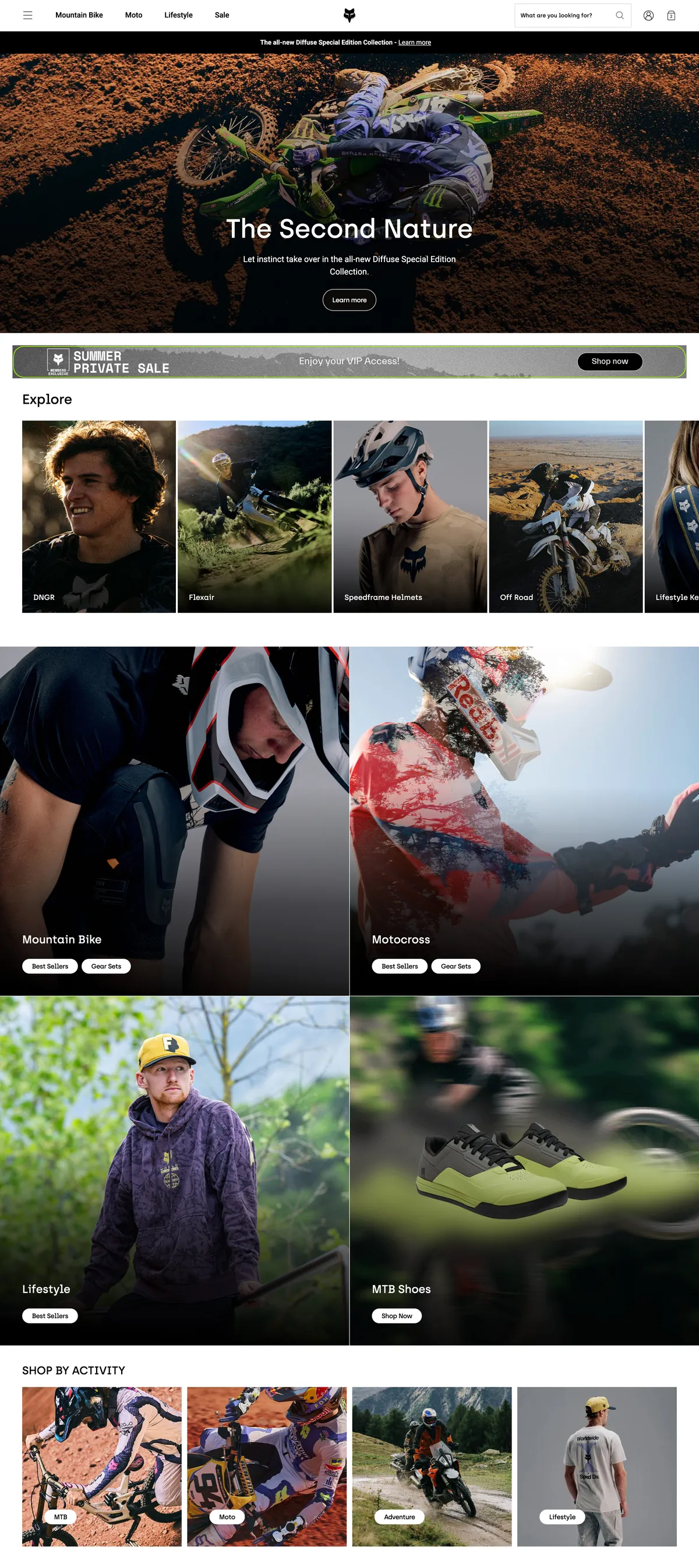 Fox Racing homepage for a subscriber with the banner reading Enjoy your VIP Access