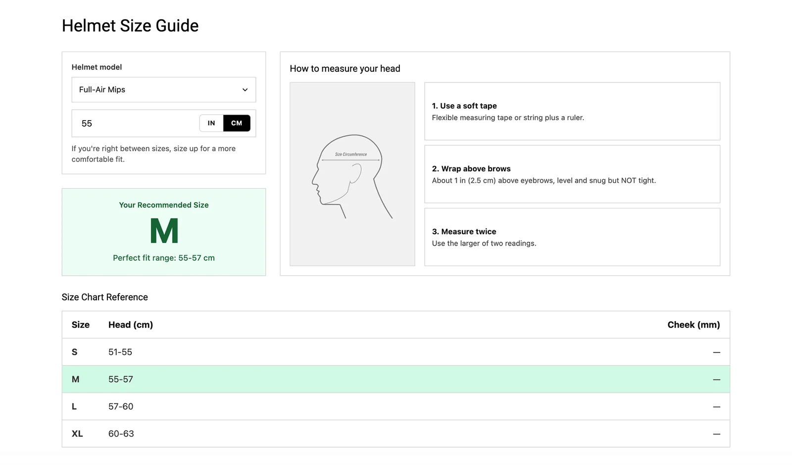 Size guide showing a recommended size M for a 55 cm head, with the matching row highlighted in the table