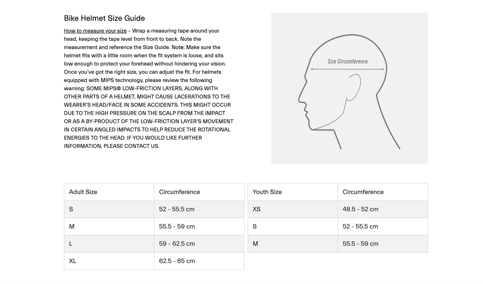 Previous size guide with a long text block and static size tables