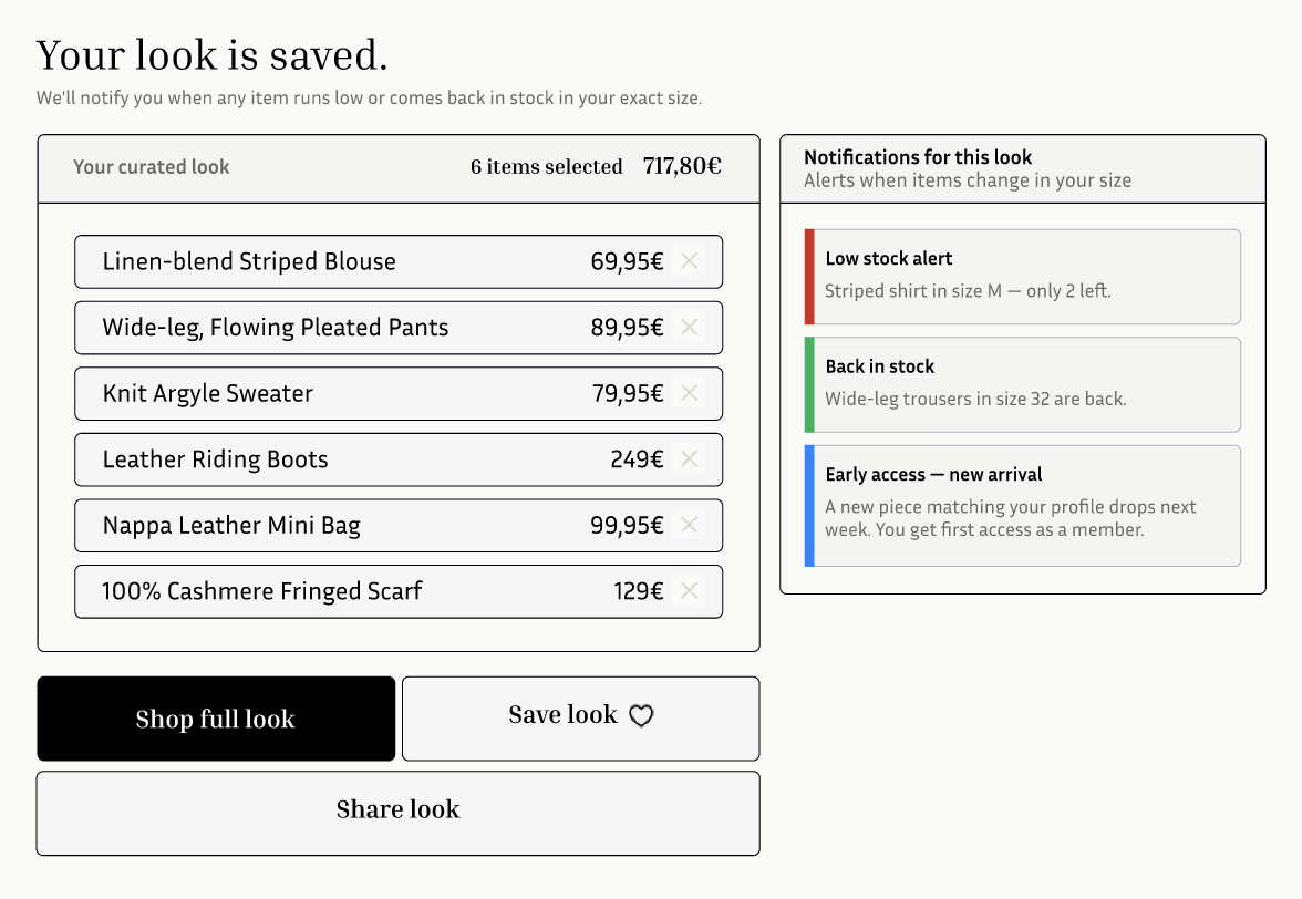 Saved look with retention hooks — stock alerts, back-in-stock and early access notifications
